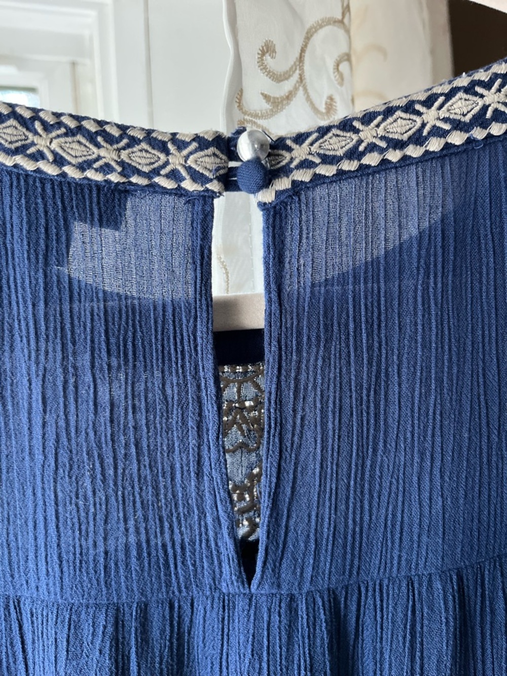 Lucky Brand Gauzy Blue Embroidered Short Sleeve Boho Dress Sz XS - Picture 4 of 7